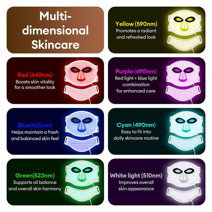 Silikon-LED-Maske für Gesicht und Hals mit 105 LEDs, 7 Farben, LED-Photonen-Rotlichttherapie, Flexible Gesichtsmaske zur Hautreparatur, Kabellose Anwendung