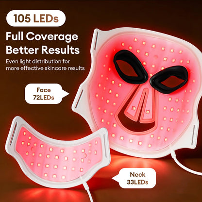 Silikon-LED-Maske für Gesicht und Hals mit 105 LEDs, 7 Farben, LED-Photonen-Rotlichttherapie, Flexible Gesichtsmaske zur Hautreparatur, Kabellose Anwendung