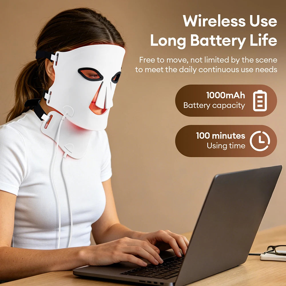 Silikon-LED-Maske für Gesicht und Hals mit 105 LEDs, 7 Farben, LED-Photonen-Rotlichttherapie, Flexible Gesichtsmaske zur Hautreparatur, Kabellose Anwendung