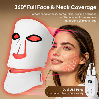 Silikon-LED-Maske für Gesicht und Hals mit 105 LEDs, 7 Farben, LED-Photonen-Rotlichttherapie, Flexible Gesichtsmaske zur Hautreparatur, Kabellose Anwendung