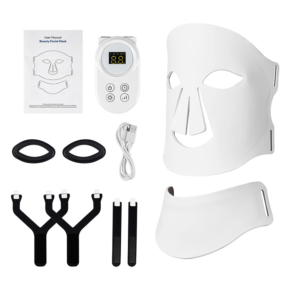 Silikon-LED-Maske für Gesicht und Hals mit 105 LEDs, 7 Farben, LED-Photonen-Rotlichttherapie, Flexible Gesichtsmaske zur Hautreparatur, Kabellose Anwendung