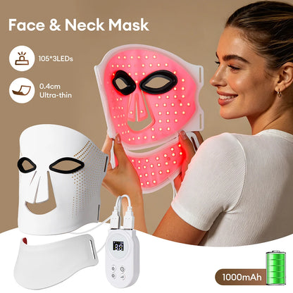 Silikon-LED-Maske für Gesicht und Hals mit 105 LEDs, 7 Farben, LED-Photonen-Rotlichttherapie, Flexible Gesichtsmaske zur Hautreparatur, Kabellose Anwendung