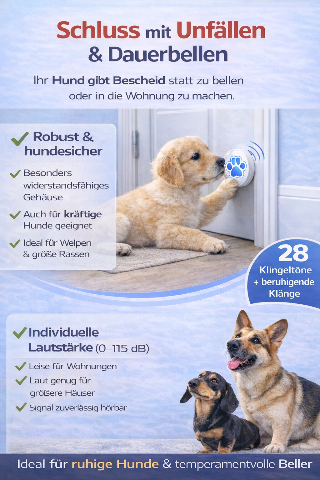 PfotenKlingel - Hundetrainingsglocke für die Tür – 28 Töne & einstellbare Lautstärke – Ideal für Töpfchentraining